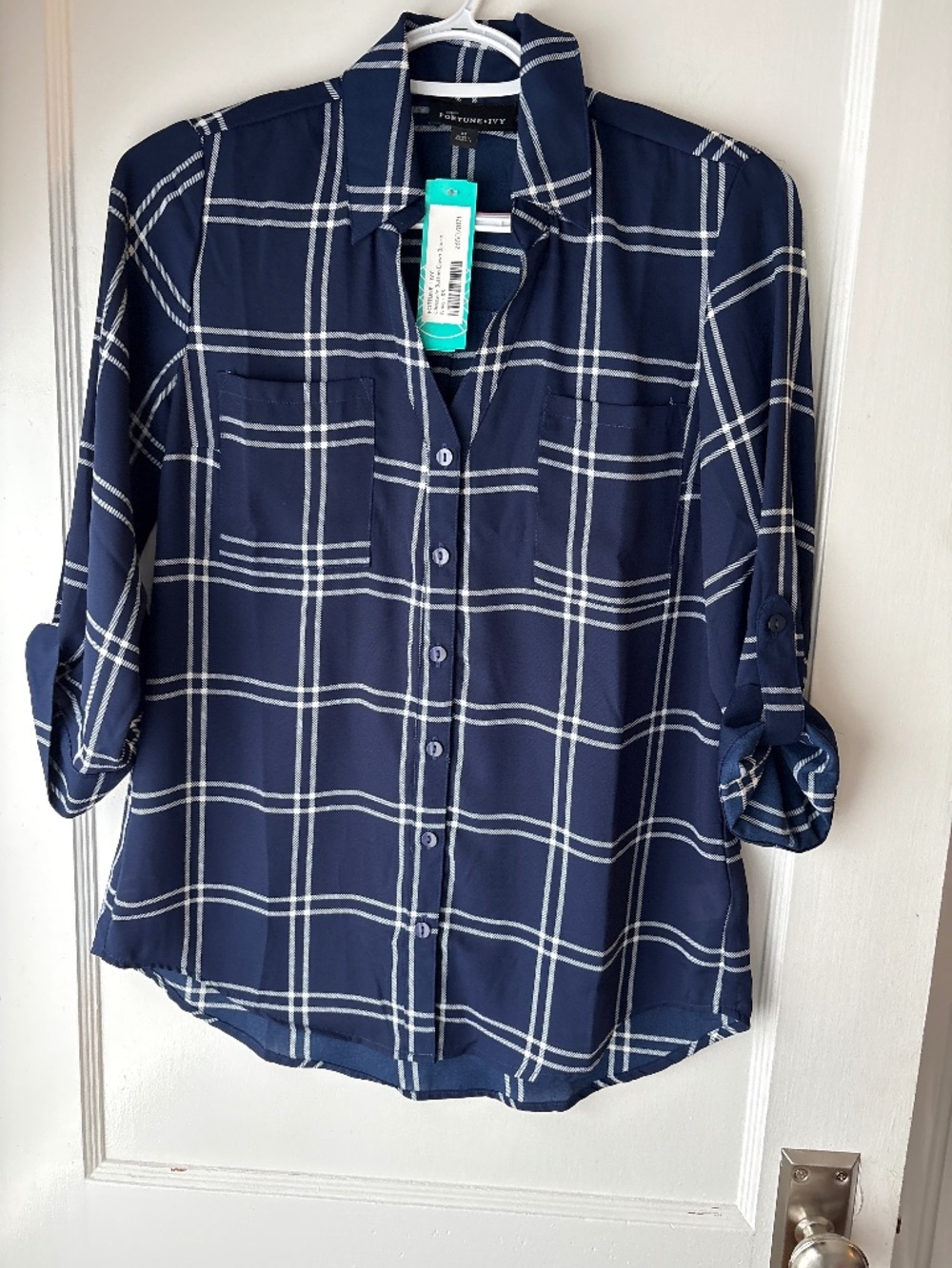 Fortune & Ivy Christelle Button Down Blouse, Navy Plaid, Sz XS, NWT